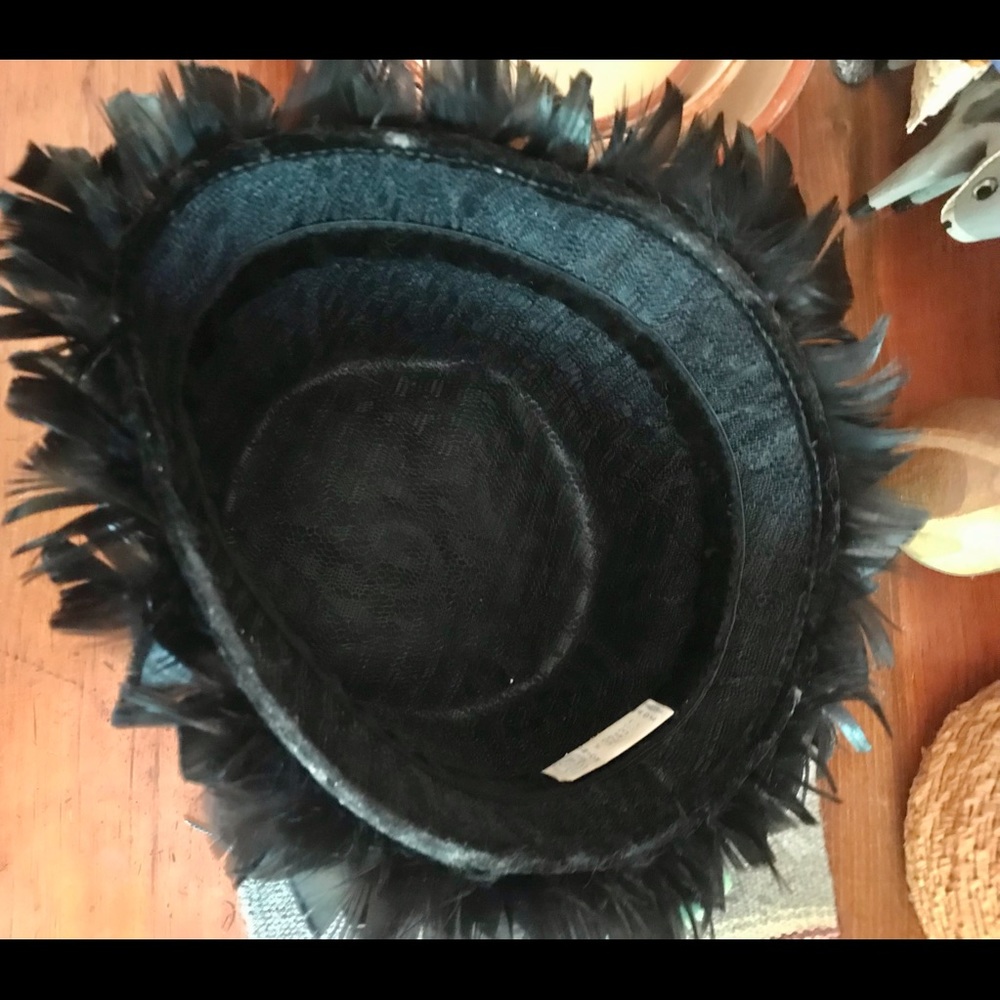 VINTAGE Black Feathered Structured Bucket Hat Lightweight woven base Narrow brim - Picture 7 of 9